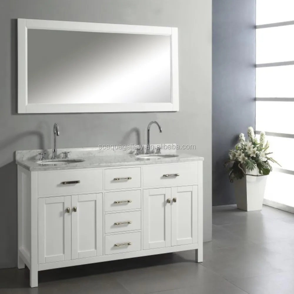 Quầy Đá Cẩm Thạch Trắng Carrara 60 Inch Bồn Rửa Đôi Tủ Phòng Tắm Bằng Gỗ Vanity