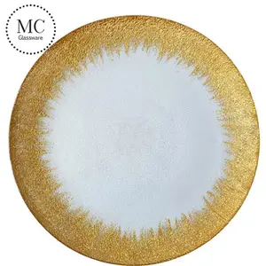 13 "cepillo de hoja de oro hoja de borde de vidrio cargador platos modernos Glam mira a granel de 4 de ajuste de mesa gracias, T 003 para boda