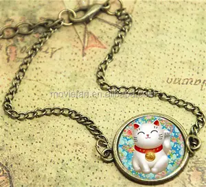 Pulseira lucky cat, rosa e azul chiyogami maneki neko bracelete artístico com boa sorte, pulseira de vidro estampado japonês