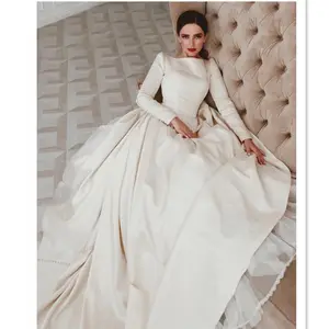 2019 Italy design plain satin Megan court train wedding dresses long sleeves open V back boat neckline a line bridal dress
