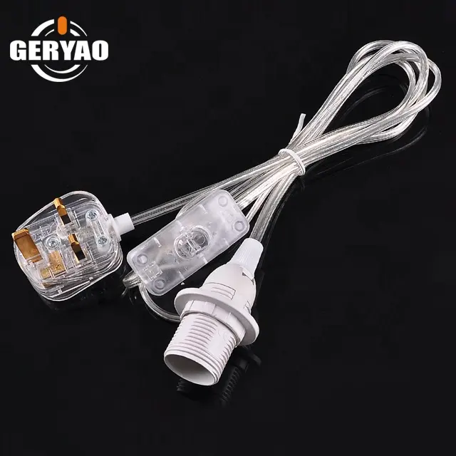 BS UK British Transparent power cable with 3 pin plug+ on off switch+E14 lampholder with full threaded