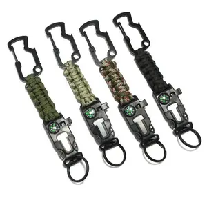 7 stands core paracord carabiner keychain tool with compass /flint for adventure climbing