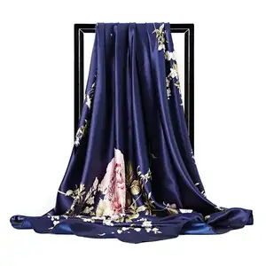 Mode Seiden schal für Frauen Blumen druck Satin Hijab Schals Weiblich 90*90cm Halstuch Quadratische Schals Haar Kopftücher Für Damen