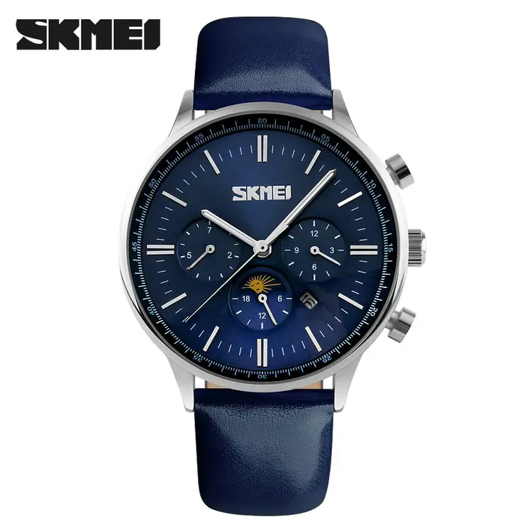 Unique luxury blue dial skmei 9117 relojes moon phase quartz watch
