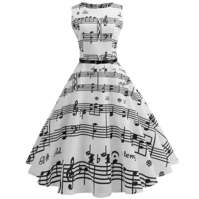 Ecoparty Women 50s Vintage Sleeveless Music Notes Tea Dress