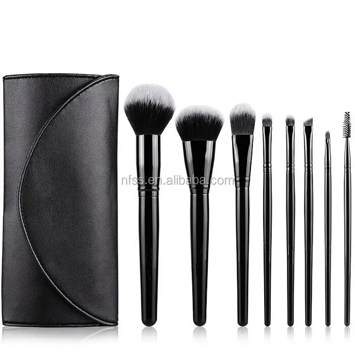 Acht zwarte lederen make-up borstel borstel set schoonheid make make gereedschap Fabrikant van custom groothandel make borstel