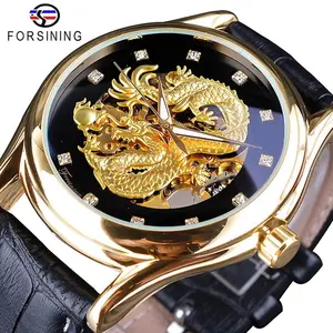 Reloj Forsining de lujo para hombre, con pantalla dorada de dragón, luminoso, transparente, mecánico