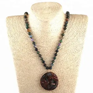 Fashion Natural Stone India Agate Knotted Women Necklace Round Stone Pendant Necklaces
