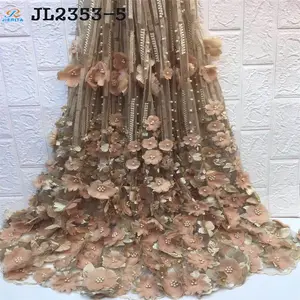 Gold color New fashion Guangzhou Shop Most Popular Trend 3d net lace embroidery beaded flowers wedding dress