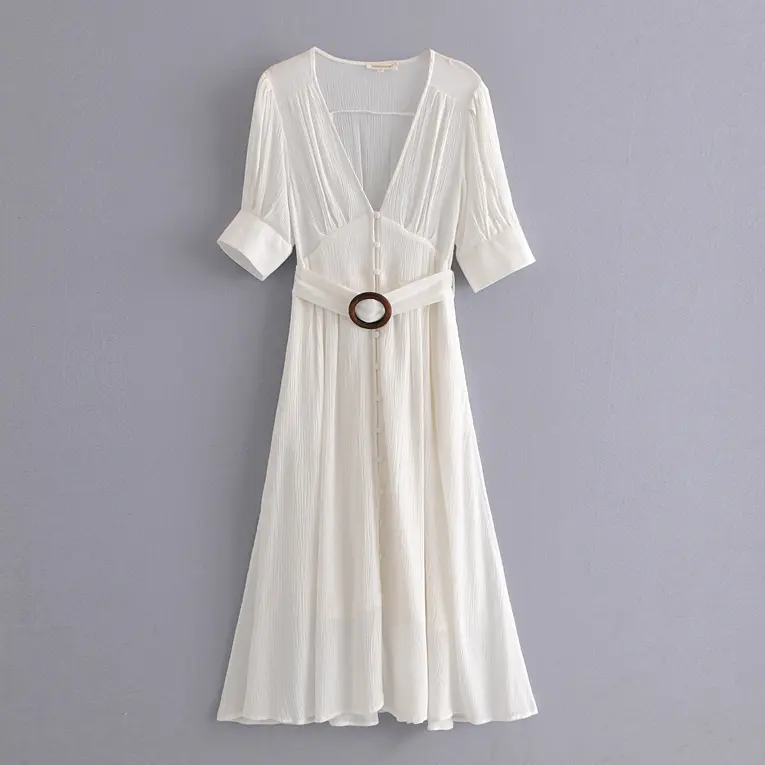 Good quality white color short sleeve deep v neck summer dresses sexy women fashion clothing