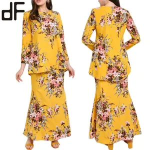 Abbigliamento islamico personalizzato all'ingrosso realizzato in malese giallo moda stampato floreale Baju Kebaya Modern Baju Kurung