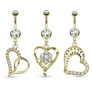 Free Titanium Anodized Clear Zircon Heart Gold Navel Piercing Belly Button Ring