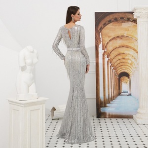 Ruolai ASA99310 lusso <span class=keywords><strong>con</strong></span> <span class=keywords><strong>paillettes</strong></span> perline nappine argento abito da sera sirena manica lunga abito da sera donna - Product Image 3