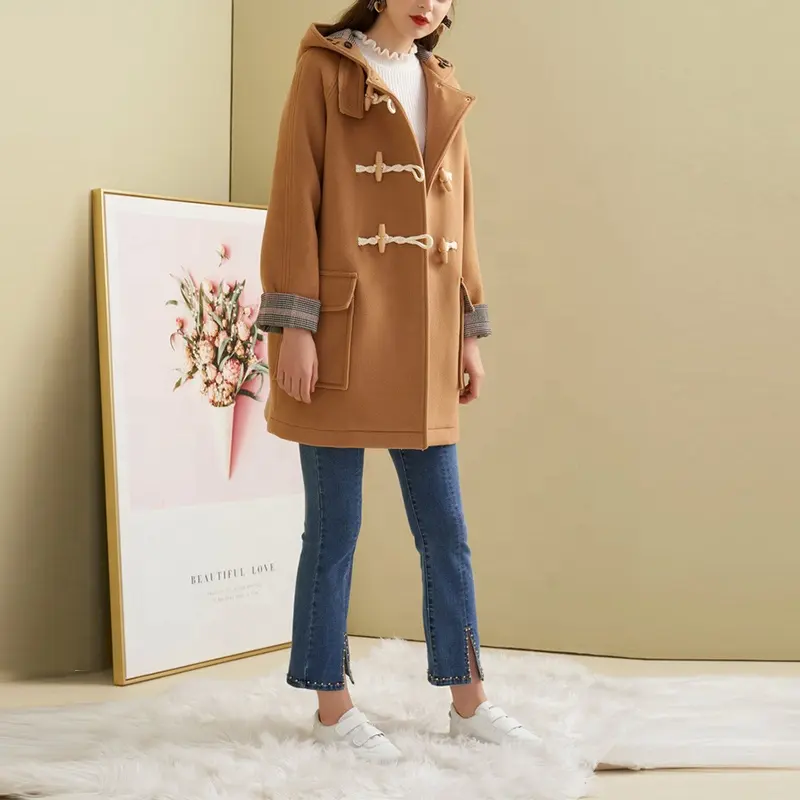 Manteau d'hiver en laine pour femmes, laine marron, long, à capuche, bon marché, offre spéciale