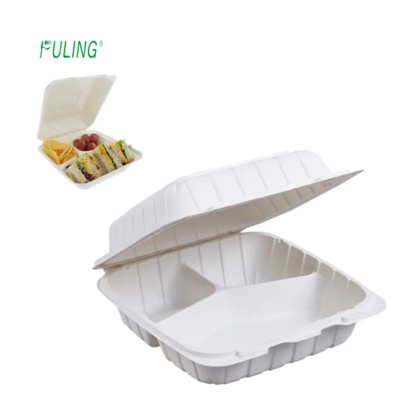 자연 미네랄 채워진 100% 일회용 식품 상자 이동 샌드위치 3 구획 그릇 테이크 아웃 폴더 형 플라스틱 용기