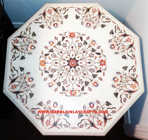 Plateau de table en marbre blanc incrusté, plateau de table à manger octogonal en marbre - Product Image 1