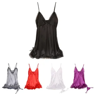 Atacado camisola camisola sleepwear-Verão Mulheres Sexy Silk Lace Nightgowns V-Neck Cintas de Espaguete Camisola Sleepwear