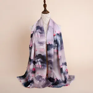ファッションデザインシルクシフォンパシュミナ、春の花プリント女性布スカーフ