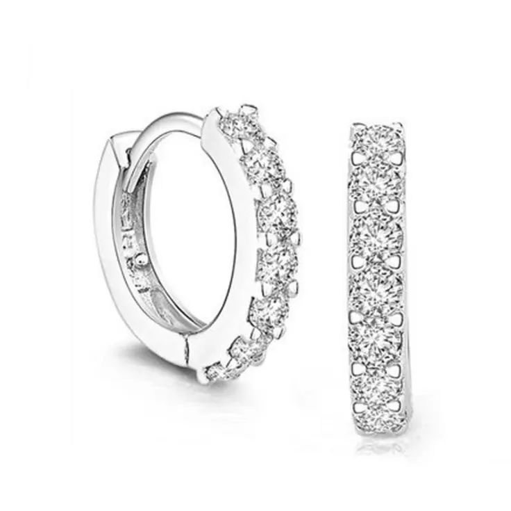 Solid 925 Sterling Silver White Paved Crystal Hoop Earrings For Women Jewelry