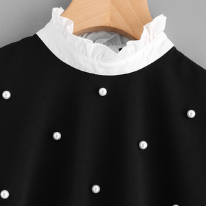 Chemise à col contrasté avec bordure à volants, design de col <span class=keywords><strong>noir</strong></span> <span class=keywords><strong>et</strong></span> <span class=keywords><strong>blanc</strong></span> contrasté, chemise à manches évasées pour femmes - Product Image 4