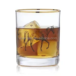 Original Low Ball Style Horse Pattern Pillar Gold Rim Old Fashioned Whisky Glass