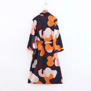 Fashion turn down collar sashes casual printed dresses women long sleeve spring summer clothes