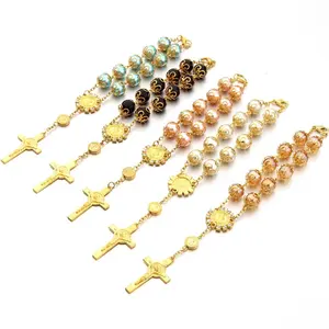 Wholesale Receptacle 10mm Glass Pearl Beaded Rosary Bracelets, Gold Plated Crucifix Blue Rosary