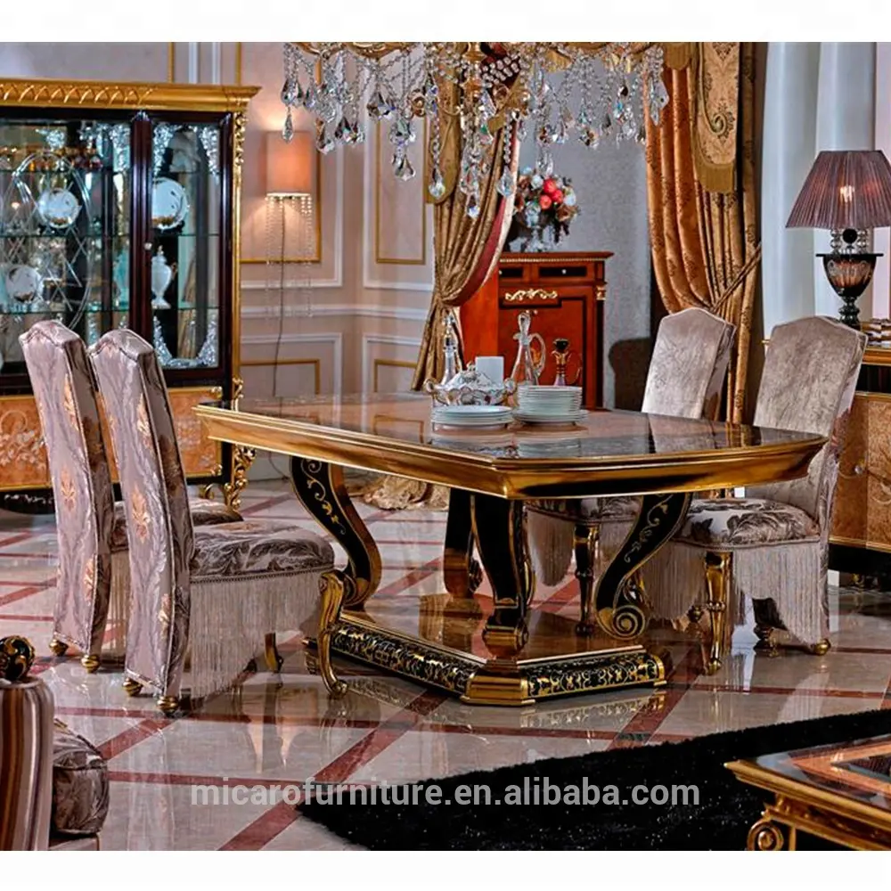 İtalyan klasik antika tarzı lüks kaplama kakma parlak altın rengi 8 koltuklu ahşap yemek masası seti