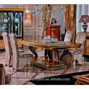 Gaya antik klasik Italia veneer mewah bertatahkan warna emas berkilau 8 tempat duduk meja makan kayu set