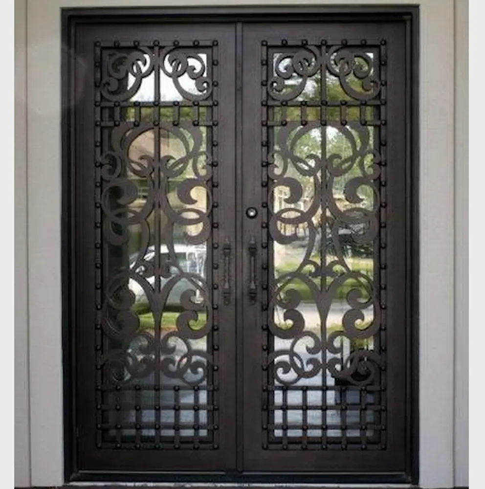 Patrón de corte CNC, diseño Ornamental, puerta de hierro forjado con ventana abierta