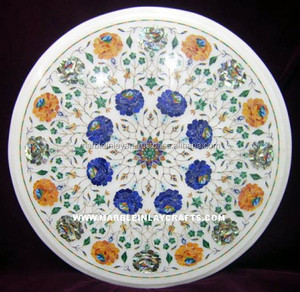 White Marble <b>Table</b> Top With Semi Precious Stone Inlay Work - Product Image 1