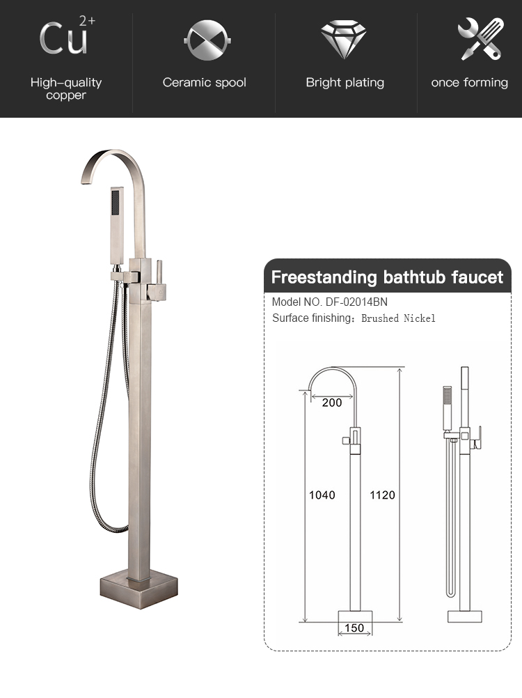 Freestanding Bathtub Faucet Tub Filler Brushed Nickel Floor Mount Brass Single Handle Bathroom Faucets With Hand Shower