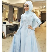 Robe de mariée modeste à manches longues de style musulman, robe de mariée arabe bleue