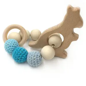 Beuken Dieren Bijtring Baby Armband Gehaakte Kralen Chewable Baby Houder Houten Bijtring