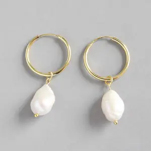 Boucles d'oreilles pour femmes, en argent Sterling S925, avec perles baroques, grand cercle, en perles d'eau douce, nouvelle collection