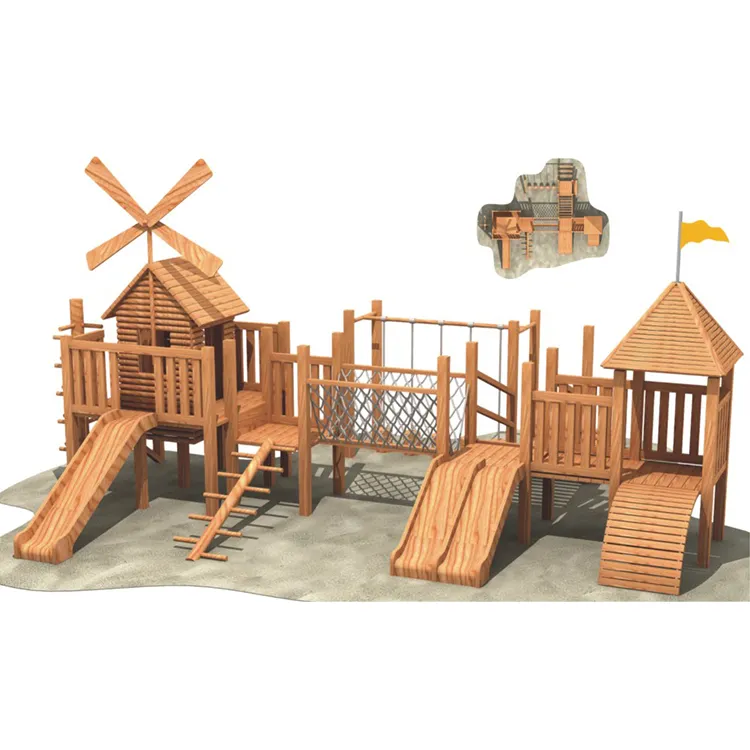 वाणिज्यिक सस्ते विंडमिल लकड़ी आउटडोर चढ़ाई सुरंग बच्चों के लिए खेल का मैदान स्लाइड