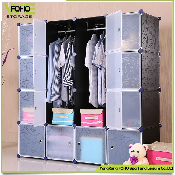 16 Cube Folding Pp Panel Diy Living Room Bedroom Plastic Portable Wardrobe Cabinet Wardrobe With 2 Clothes Hanger