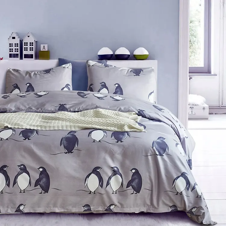 New Arrival Cute Penguin Cotton Kids Bedding Sheet Custom Dacron Grey Bedding SetためChildren