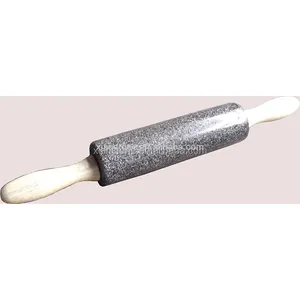 Natural granite stone rolling pin with wood handles