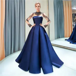 Dark Blue Satin Ball Gown 2018 Top Sale Real Photo Women der Party Dress High Neck Long Sleeve Lady Beaded Rhinestone Prom Dresses