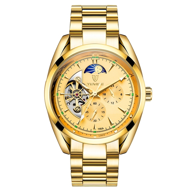 TEVISE Moon Phase Gold Men Skeleton Watch Automatic Mechanical Mens Watches Waterproof Self-winding Clock Stainless Steel Reloj