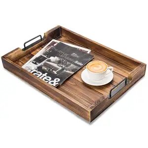High Quality Rustic Tray Wooden Serving Tray With Modern Black Metal Handles Wooden Serving Tray