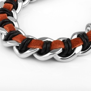 Acero inoxidable de la cabeza del lobo de la cadena cubana pulsera trenzada cuero cuerda pulsera Negro Marrón Plata - Product Image 3