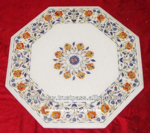 Mesa de centro con incrustaciones de mármol indio blanco, arte pientra Dura - Product Image 1