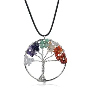 Handmade Multicolor Chip Gravel Stones Round and Heart Tree Pendant Chakra Necklace For Women Jewelry
