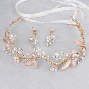 Düğün Başlığı Altın Yaprak Gelin Saç Çelengi ve Küpe Seti Kristal Taçlar Çiçekli Balo Elbisesi Başlığı - Product Image 5