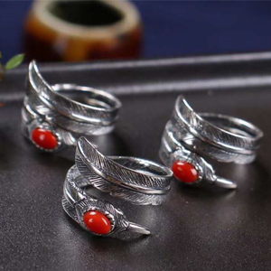 Tibetan Handmade <strong>Silver</strong> Natural Japanese Red Coral <strong>Ring</strong> for Women <strong>Feather</strong> Shape Design Your Own Championship <strong>Ring</strong> - Product Image 3
