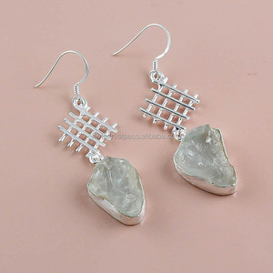 Handmade 925 Sterling <b>Silver</b> <b>Drop</b> <b>Earrings</b> Natural Aquamarine Rough Gemstone Custom Jewelry for Party Occasions - Product Image 2