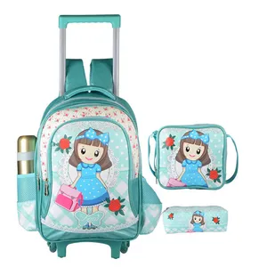 Verse stijl cute girl print waterdichte school trolley rugzak met lunch tas en etui