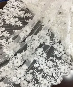 best selling bridal 3d lace flower applique sequin embroidery cord lace fabric with pearls stones for wedding dress